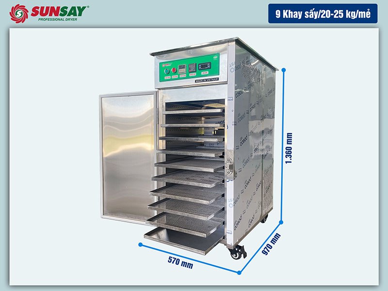 Máy sấy lạnh mini 9 khay thiết kế nhỏ gọn, phù hợp với các cơ sở sản xuất chế biến vừa và nhỏ.